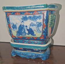 Vintage Antique Asian Chinese Rectangular Oval Scenic Planter on Stand 4 Scenes picture