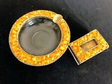 Rare Vintage Crushed Rough Cut Crystals Amber Ashtray W/ Matching Match Case picture