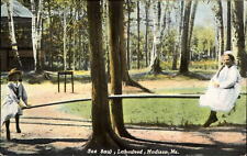 Victorian girls riding See Saw ~ Lakewood ~ Madison Maine ~ c1910 postcard picture