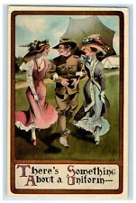 c1910's Two Girls And Soldier Military WWI Romance Posted Antique Postcard picture