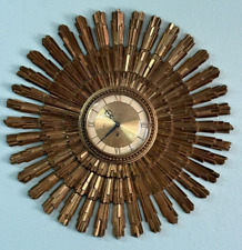 LARGE Vintage MCM Syroco Wood Sunburst Wall Clock Gold Tone 1960s 23
