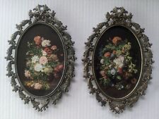 Set Of Two Vintage Floral Flowers Print Oval Metal Brass Picture Frames Italy picture