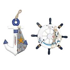 2 Pack Nautical Beach Wooden Ship Wheel And Wood Anchor With Rope Nautical Boat picture