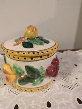 Vintage Handmade Italian Ceramic Lidded Jar Container Decorated with Figs 1962 picture