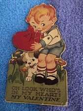 Antique Valentine Boy Puppy Dog Mechanical Card 1930s picture