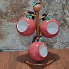 Vintage Jay 3 Apple Wide Mugs with Wooden Holding Rack picture