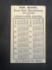 1870 Mini Calendar Printer Philadelphia Pennsylvania William Mann Book Seller picture