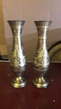Vintage Pair Brass Vase Carving India  picture