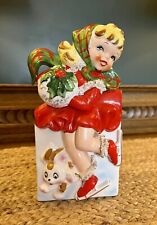 EXTREMELY RARE Vintage Relpo Christmas Planter Girl & Puppy Ice Skating SW888  picture
