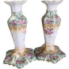Antique Hand Painted & Gilt Floral Porcelain Candlesticks German picture