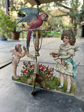 Beautiful Large Victorian Die Cut Elaborate 3-D Cupid Parrot Stand up 8