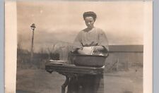 YOUNG FARM LADY WASHING DISHES real photo postcard rppc occupational woman picture