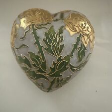 Vintage Cloisonne Heart Shaped Trinket Box Flowers Yellow Gold picture