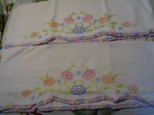 Vintage Pair Embroidered & Crocheted Floral Pillow Cases picture