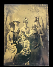 Antique Tintype Photo Pretty Victorian Women Group Fashion Hat Gloves Posed 2x3