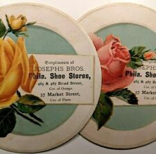 Antique 1880s LOT of 2 Round Embossed Flower TRADE CARDS Josephs Bros Phila Shoe picture