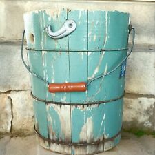 Vintage Wooden Ice-cream Maker Bucket Rusty Chippy Aqua Blue Patina Rustic Decor picture