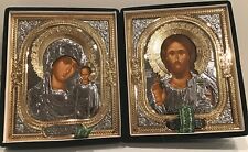 VERY LARGE Russian  Gold & Silver Diptych Wedding, Travel Icon Plush Velvet Case picture