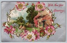 Vintage 1909 New Year Greetings Embossed Postcard - Flowers & Cottage House picture