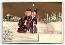 c1880 VICTORIAN COUPLE IN SNOW TRAIN APPROACHING VICTORIAN TRADE CARD Z4115 picture