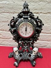 Spooky Nights Halloween Silver & Black Victorian Skull Head Mantle Clock  💀 picture