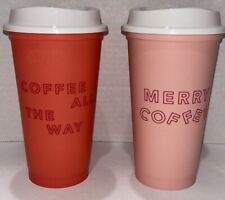2 Starbucks Christmas Holiday Pink Orange Hot Cold Plastic Coffee Cup 16 oz. picture