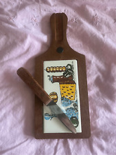 Vintage Wooden Cutting Board With Ceramic Inset & Magnet Knife mid century Japan picture