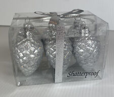 Silver Glitter Pinecone Shaped Christmas Ornaments Set Of 6 Shatterproof NIB picture
