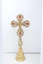 Ornate Standing Brass Altar Cross Crucifix with Red Rhinestone Accents 12 In picture