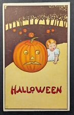 Postcard Vintage Halloween Girl Baby Worried JOL Forest 1910s picture