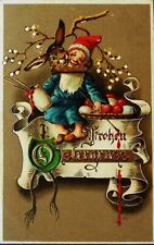 Sweet Embossed Fantasy 1910 Rabbit hugging Gnome Easter Germany Berlin picture