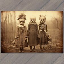 POSTCARD Children Skeleton Sisters Skull Masks Weird Creepy Vibe Strange Unusual picture