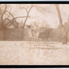 c1900s Outdoors Winter Lovely Baby in Stroller in Snow Cabinet Card Photo B10 picture