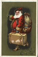 1910's Santa w/ Suit Case & Duffle Bag Christmas Postcard picture