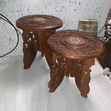 Vintage Pair Wood Table Mid Century Hand Carved Sheesham -Engraved Indian Old picture