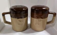 Large Stoneware Brown/ Tan Salt And Pepper Shakers With Handles.              picture