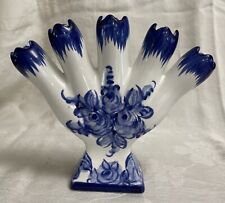 Vintage Hand Painted Five Finger Vase, Portugal, Blue & White Floral Design picture