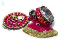 Indian Traditional Stainless Steel karwachauth puja thali Set Magenta picture