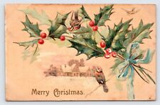 Antique Merry Christmas Postcard from 1907 with Snow Covered House & Holly  P3 picture