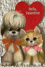 Unused Valentine Cat Dog Puppy Kitten Big Eyes Vintage Greeting Card 1960s 1970s picture