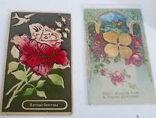2 Vintage Birthday Greetings Postcards Card Ephemera Embossed Roses picture