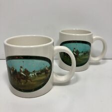 Vintage Set Of Two Ralph Lauren Ceramic Coffee Mugs Printed Polo Scene White  picture
