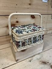 Vintage Tapestry and Plastic Woven Small Sewing Basket w/Handle picture