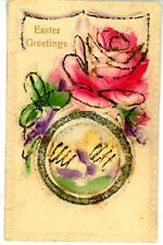 1934 Lovely Easter Greetings Rose Chicks Flowers Embossed Mica Postcard-T1 picture