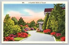 Postcard A Southern Estate At Sunset Linen UNP A17 picture