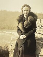 XG Photograph Pretty Woman Big Coat Fur Collar 1940's Rock Cliff Side Portrait  picture