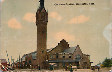 Old Union Station Worcester MA 1916 Cancel Horses Buggies Wagons Clock Tower picture