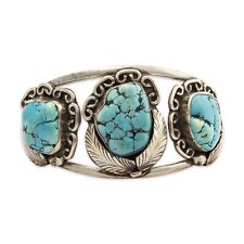 NATIVE AMERICAN NICKEL SILVER FAUX TURQUOISE APPLIED LEAVES CUFF BRACELET 6.75