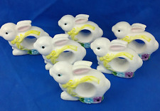 Rabbits  Bunnies Napkin Holders White Set 6 Yellow Ribbons Colorful Flowers picture