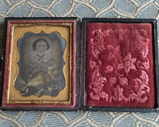 Victorian Antique 1800’s Leather Union Case w Daguerreotype Lady in Fancy Dress picture